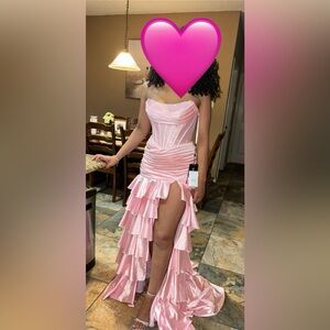 Sherri Hill Pink Ruffled High-Slit Corset Gown